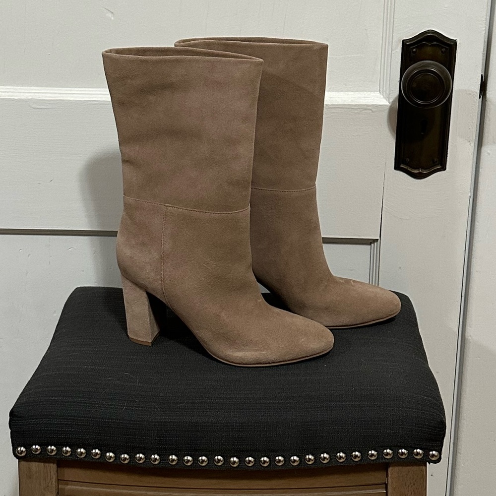 Chinese Laundry Keep Up Taupe SuedeMid-Calf High Heel Boots in Taupe, Size 8.5